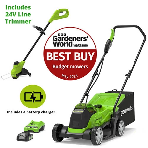 Greenworks 24 Volt 33cm Cordless Rotary Mower With Line Trimmer, Battery & Charger 1 Greenworks 24 Volt 33cm Cordless Rotary Mower With Line Trimmer, Battery & Charger